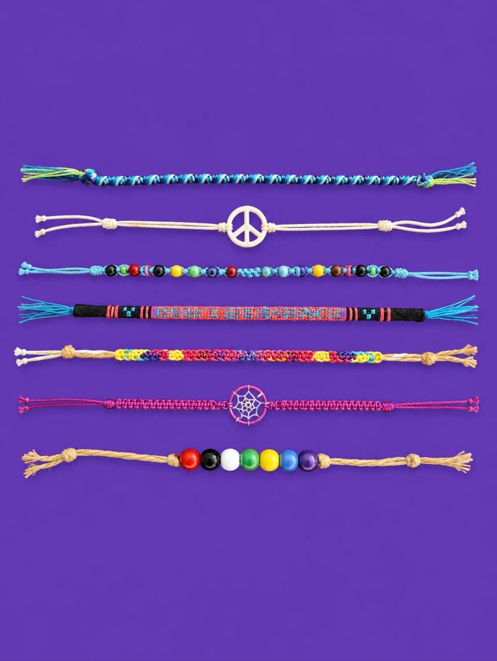 Seven Assorted Hippy Chakra Macrame Cord Bracelets